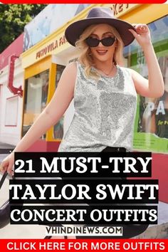 a woman in a hat and sunglasses riding a bike with the words 21 must try taylor swift concert outfits