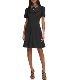 KARL LAGERFELD PARIS Scuba Crepe Beaded Collar Ruffle Trim Short Puff Sleeve Dress | Dillard's Karl Lagerfeld Paris, Beaded Collar, Daytime Dresses, Collars For Women, Dress 16, Puffed Sleeves Dress, Parisian Chic, American Women, Ruffle Trim