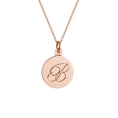 Rose Gold Script Initial Necklace Fine Jewelry Charm Necklace With Engraved Round Pendant, Fine Jewelry Engraved Round Pendant Charm Necklace, Fine Jewelry Engraved Charm Necklace With Round Pendant, Engraved Round Pendant Charm Necklace In Fine Jewelry Style, Elegant Polished Initial Necklace Gift, Elegant Polished Initial Necklace As Gift, Rose Gold Sterling Silver Tarnish Resistant Charm Necklaces, Rose Gold Medallion Jewelry With Polished Finish, Luxury Sterling Silver Initial Pendant Charm Necklace