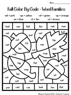 fall color by code word families worksheet with leaves and words in the background