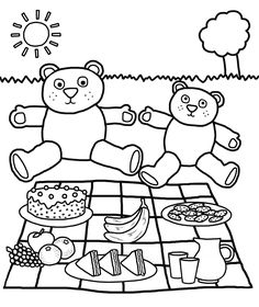 two teddy bears sitting on a picnic blanket with food and drinks in front of them