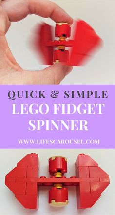 a hand holding a red lego figurine with the words, quick and simple lego fidget spiner