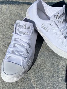 Embroidered Converse Getting Married?  What a great idea for your Maid of Honor, Matron of Honor or entire Bridal PartyThis listing is for Matron/Maid of Honor or something similar on the tongue.  With or without a date on the side. Please specify how you want it to appear. ie all words on one tongue or split it up.I customize all pairs so please message me with special requests!LONG NAMES CAN NOT be put on the side as there is not enough room, I only have 1 3/4" space to embroider on the side. Bridal Party Converse, Blue Wedding Converse, Maid Of Honor Shoes, Custom Bridal Converse, Bridal Converse Mrs, Party Sneakers, Bridesmaid Converse, Wedding Converse Sneakers & Athletic Shoes, Long Names