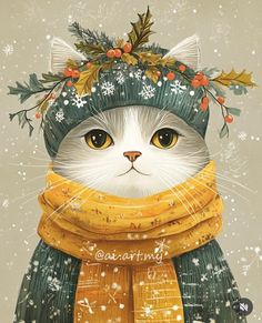 a painting of a cat wearing a hat and scarf