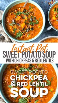 three bowls of sweet potato soup with chickpea and red lentil soup in them