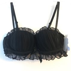 Sexy Push-Up With Sheer Overlay And Bow In Front. Padded. Strapless Partially Lined Bra For Parties, Black Underwire Bra For Party, Black Party Bra With Removable Pads, Party Underwire Bra With Lined Body, Black Party Bra With Padded Cups, Black Padded Party Bra, Chic Black Padded Bra, Party Stretch Bra With Lined Body, Black Partially Lined Evening Bra