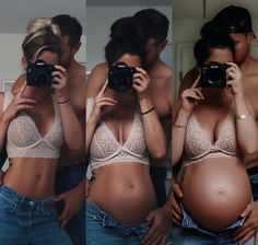 the pregnant woman is taking pictures with her camera