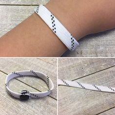 three different pictures of a white bracelet with black dots on it and the other two images show