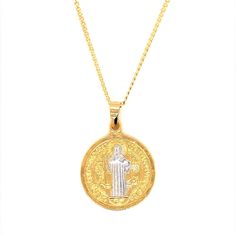 18 Karat Gold Filled Saint Benedict Charm Necklace Charm Measures: Approx: 30mm without bail Material: 18 Karat Gold Filled, Hypoallergenic. Tarnish Resistant. Gold-filled does not de-laminate or peel like Gold plated Jewelry nor does it tarnish as readily as silver. Generally speaking, gold filled is better quality and will have a much longer lasting color than plated jewelry. We recommend keeping abrasive chemicals away from the jewelry for the items to last. Thank you for visiting and support Gold Plated Spiritual Medallion Jewelry, Gold Medallion Coin Necklace With Figaro Chain, Gold Medallion Necklace With Figaro Chain, Spiritual Yellow Gold Plated Medallion Necklace, Gold Plated Spiritual Round Pendant, Gold Spiritual Jewelry And Charms For Blessing, Spiritual Yellow Gold Coin Pendant, Hallmarked Yellow Gold Necklace For Blessing, Spiritual Yellow Gold Pendant Chain Necklace