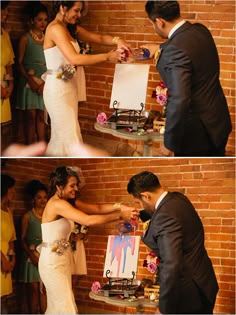 the bride and groom are cutting their wedding cake