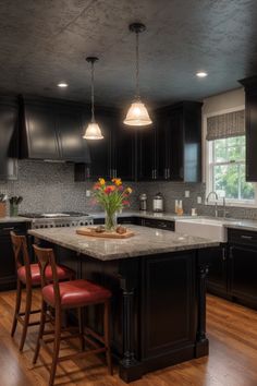 Explore 17 beautiful kitchens featuring black lower cabinets. The pin highlights elegant kitchen designs with stunning granite countertops, creating a cozy and inviting atmosphere, showcased in 1 image.