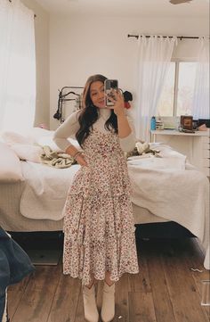 Modest Dress With Boots, Modesty Fall Outfits, Church Outfit Pentecostal, Chruch Girl Outfits, Winter Christian Outfits, Winter Dresses For Church, Fall Christian Outfits, Modest Outfits Skirts And Dresses, Floral Winter Dress