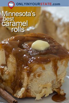 a close up of a piece of cake on a plate with caramel and cinnamon