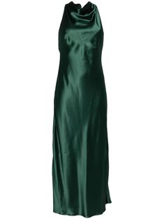 emerald green satin weave concealed rear zip fastening crossover shoulder straps adjustable shoulder strap cowl neck sleeveless straight hem full lining Green Chanel, Green Cocktail Dress, Tank Dresses, Yoko London, Fringe Skirt, Maxi Slip Dress, Pleated Maxi Dress, Pleated Maxi, Green Satin