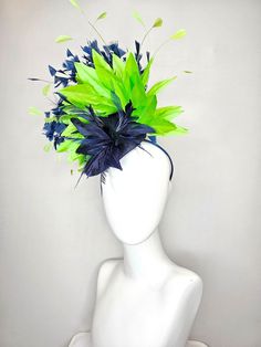 From the 2024 Featured Milliner of the Kentucky Derby Museum  Gorgeous Kentucky Derby hat fascinator  kentucky derby hat fascinator navy blue sinamay with feather flower and feathers and large bright green feathers headband attachment each hat is totally one of a kind! no two are alike! I can probably add feathers, flowers etc to existing hats for a small fee. I cannot remove anything from existing hats. Just message me and see if we can make it work! :) I cannot make custom order from scratch. Green Feathered Mini Hat For Kentucky Derby, Summer Green Feathered Headpiece, Green Feathered Fascinator For Kentucky Derby, Green Feathered Mini Hat For Royal Ascot, Green Mini Hats With Feathers For Royal Ascot, Green Feathered Mini Hats For Races, Derby Hats Diy Ideas, Derby Hats Diy, Art Hats