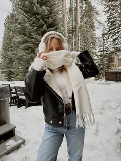 Leather sherpa jacket, winter outfit, colorado, inspiration, ear muffs, breckenridge Leather Sherpa Jacket Outfit, Breckenridge Colorado Winter Outfits, Breckenridge Colorado Winter, Snow Outfit, Aviator Jackets, Sherpa Jacket, Leather Jacket Outfits, Winter Fits, Women Crop