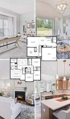 the floor plan for this modern home is shown in three different views, including an open concept kitchen and living room