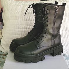 Brand New Mid Calf Combat Boots With Dust Bag, Original Box. Size 7.5 Euro 38.5 Purchased And Couldn't Return. Black Vegan Leather No Scuff Marks *Never Worn* Thermoplastic Elastomers Sole Modern Lace-Up Combat Boots: Round Toe, Compact Style, Chunky Platform, As Well As The Block Heel, All The Elements Are Exclusive For Your Chic Look Zip Closure Along The Side Of Platform Boots For Easily Wearing On Or Off Front Lace-Up For Calf Circumference Adjustment Mid Calf Lace-Up Boots With Low Heel Tpr Chunky Mid Calf Boots Outfit, Mid Calf Boots Outfit, Calf Boots Outfit, Boots With Low Heel, Black Army Boots, Long Black Boots, Dr Closet, Army Boots, Slouchy Boots