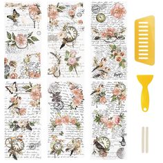 the bookmarks are decorated with flowers, birds and butterflies on them next to a yellow spatula