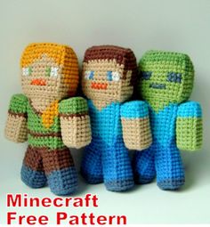 three small knitted people standing next to each other with the text minecraft free pattern