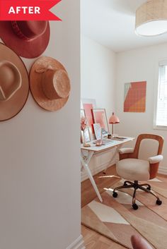 a room with a chair, desk and hats on the wall