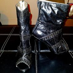 Cute Brass/Gold Studded Bootie. Zip Closure At Back Ankle. Never Worn, But Some Peeling Inside, None On Outside Of Boot. 5 1/2 Inch Heel, With 1 In Platform. *Price Reflects Inside Flaws* Punk Style Synthetic Boots For Party, Punk Synthetic Boots For Night Out, Punk Style Synthetic Boots For Night Out, Edgy Open Toe Party Boots, Edgy Open Toe Boots For Night Out, Casual Open Toe Party Boots, Casual Open Toe Boots For Party, Medium Width High-top Heels For Party, High-top Party Heels Medium Width