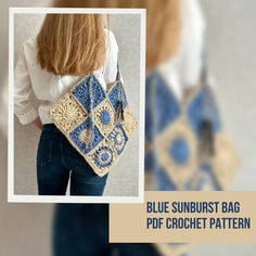 blue sunburst bag crochet pattern on the back of a woman's shoulder