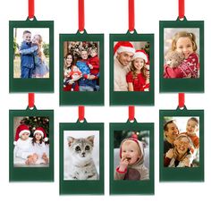 a set of six christmas photo frames hanging on a red ribbon and decorated with green trim