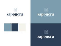 the logo for saponera is shown in three different colors and font styles, including blue