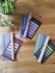 three notebooks are sitting on a table next to a potted plant and some books