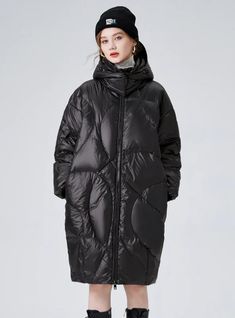 Black Glossy Thick Loose Hooded White Duck Down Coat – Lilacoo Solid Warm Hooded Puffer Jacket, Warm Solid Hooded Puffer Jacket, Solid Color Warm Hooded Puffer Jacket, Thick Hooded Winter Outerwear, Thick Hooded Outerwear For Outdoor, Thick Hooded Puffer Jacket For Winter, Hooded Thick Puffer Jacket For Cold Weather, Long Sleeve Down Hooded Jacket, Winter Puffer Jacket With Drawstring Hood