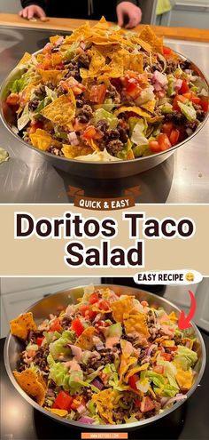 a large bowl filled with taco salad next to another bowl full of nachos