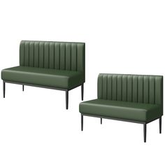 two green leather couches sitting next to each other on top of a white floor