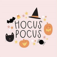 the words hoccus pocuss are surrounded by halloween pumpkins and bats on a pink background