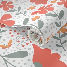 a floral wallpaper with polka dots and orange flowers on white background, including red berries