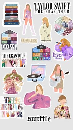 the taylor swift sticker sheet is shown in various colors and sizes, including pink