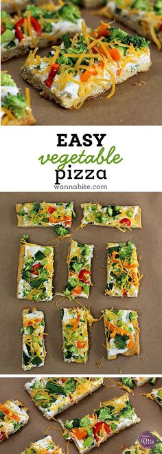 easy vegetable pizza is cut into squares and placed on a baking sheet to be eaten