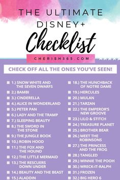 the ultimate disney movie checklist with text overlay that reads,'the ultimate disney and