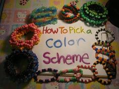 a sign that says how to pick a color scheme with lots of bracelets on it