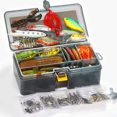 a case filled with lots of different types of fishing lures