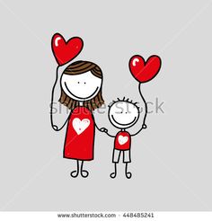 mother and son holding hands with heart shaped balloons on grey background, hand drawn illustration