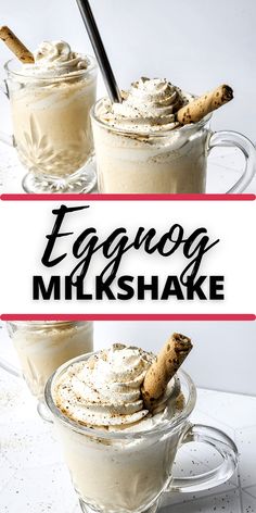 eggnog milkshake in glass mugs with cinnamon stick