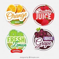 four different logos for fresh lemon, orange juice and grapefruits on white background