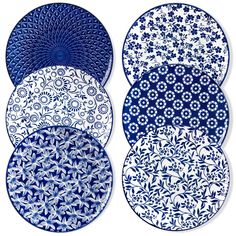 four blue and white plates with floral designs on each plate, one is round and the other has an oval design