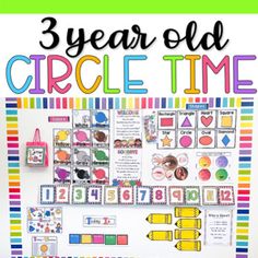 the three year old circle time poster is displayed on a white board with colorful stripes