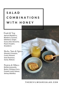 the flyer for salad combinations with honey is shown in two bowls and one jar filled with honey