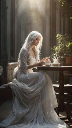 a woman in white dress sitting at a table with a cup and saucer on it