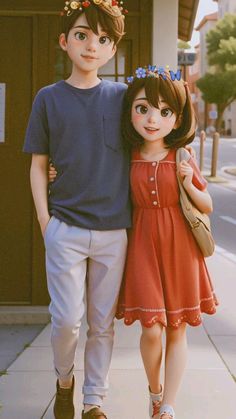 two children standing next to each other in front of a building on the sidewalk with their arms around one another