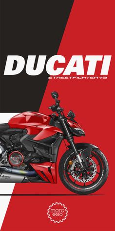 a red and black ducati motorcycle is shown on a red, black, and white background