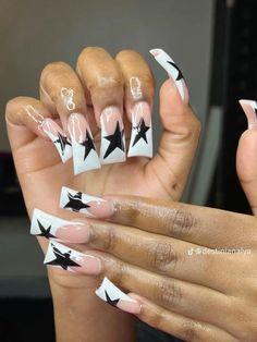 nail inspo | nail design | nail art | stylish nails | star nails | duck nails | white and black nail Decal Nails Design Acrylic, Duck Tip Acrylic Nails Y2k, Star Duck Nails, Aura Duck Nails, Red And Black Duck Nails, Short Duck Junk Nails, Flare Nails Acrylics, Y2k Baddie Nails, Long Duck Nails Acrylic